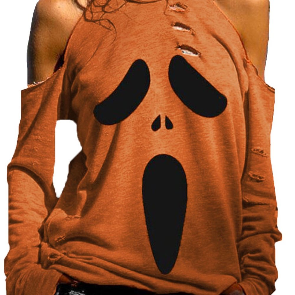 ORANGE Distressed Cold Shoulder Halloween Shirt - Picture 2 of 10